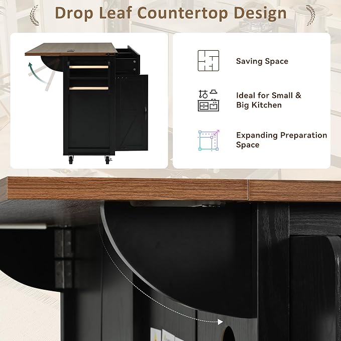 Farmhouse Roling Kitchen Island Cart with Drop Leaf Breakfast Bar with Power Outlet, Storage Island Table on Wheels with Drawers, Spice Rack(Black)