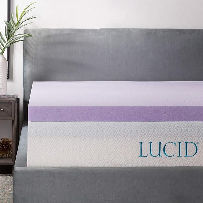 Lucid 3 Inch Lavender Infused Memory Foam Mattress Topper - Ventilated Design – Pressure Relieving Bed Topper - Mattress Pad – CertiPur Certified - California King Size