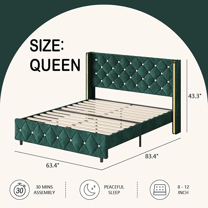 HOMBCK Queen Size Bed Frame, Velvet Upholstered Bed Frame with Wingback and Diamond Headboard, Wood Slat Support, No Box Spring Needed, Easy Assembly, Green