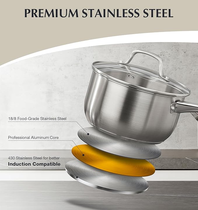 KOCH SYSTEME CS Stainless Steel Pots and Pans Set, 10 Piece Stainless Steel Cookware Set for Professional Cooking, Kitchen Cookware Sets, Induction Compatible Cookware Set 10 Pcs, Pots and Pans