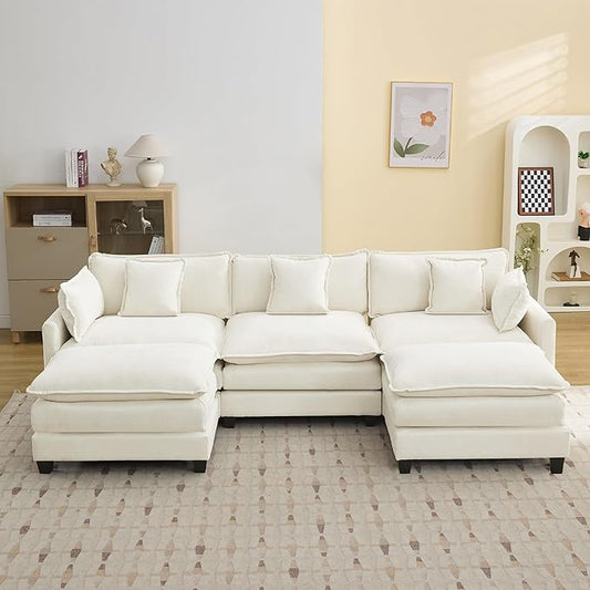 111'' Sectional Cloud Deep Seat Couch, Oversized Chenille U Shaped Sectional Sofa for Living Room Set, Comfy Upholstered Modular 5-Seats Sectional Sofa Couch with 2 Movable Ottoman, Beige