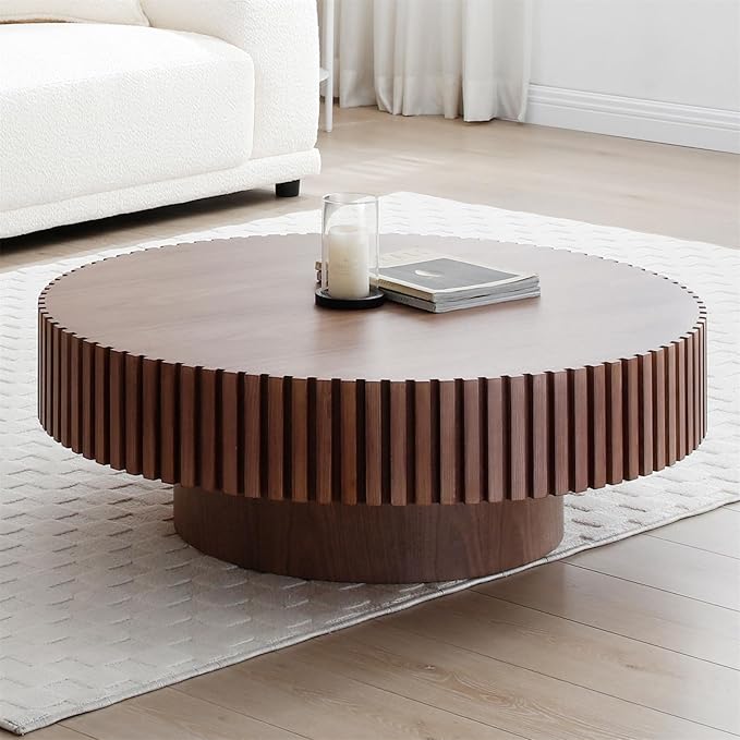 Round Coffee Table for Living Room, Accent Fluted Drum Coffee Table with Storage, Modern Solid Wood Circle Center Tea Table for Small Space Apartment (35.4''D×14''H-Walnut)