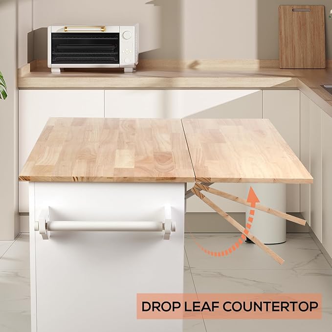 VOWNER 43" W Kitchen Island with Drop Leaf, Rolling Kitchen Island with Drawers, Floating Kitchen Cart with Spice Rack & Towel Rack, Portable Island Kitchen with Storage, Isla para Cocina (White)