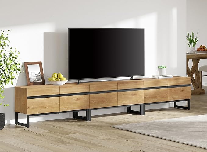 Wampat Modern TV Stand for 110 inch TVs, 3 in 1 Entertainment Center with Storage Cabinets and Metal Base, Media Console for Living Room, Oak