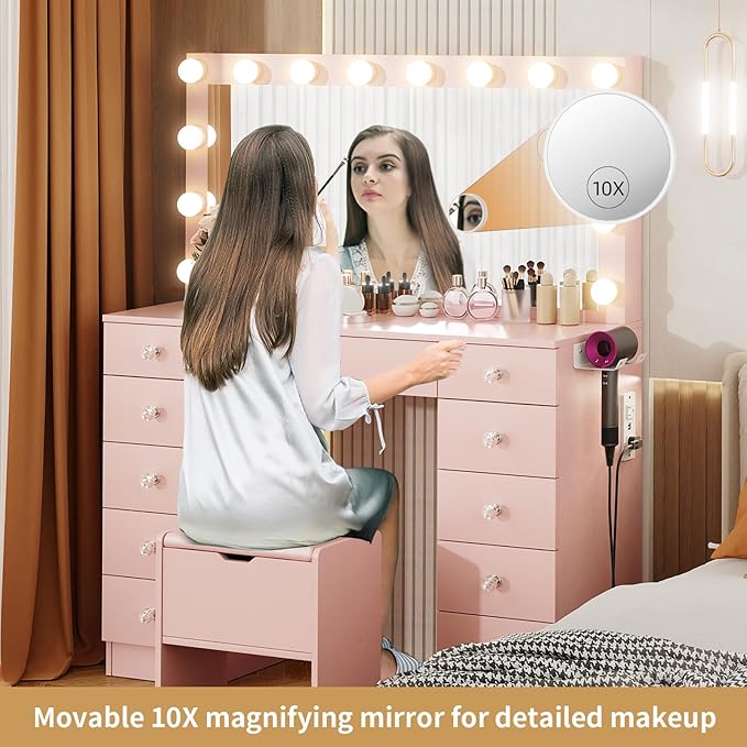VOWNER Vanity with Lighted Mirror - Makeup Vanity Desk with 11 Drawers and Outlet, 3 Color Lighting Modes Adjustable Brightness, 46" Vanity Table with Soft Cushioned Stool for Bedroom, Pink