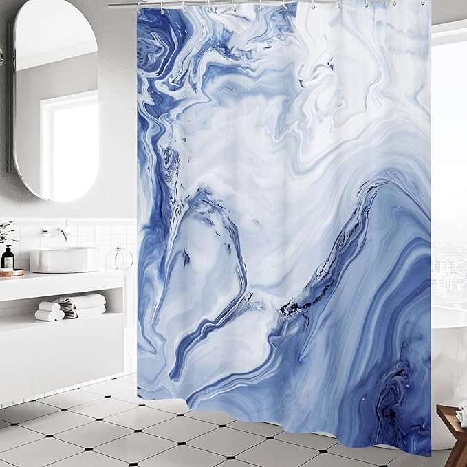 MitoVilla Navy Blue Marble Long Shower Curtain 72 x 78, Abstract 78 inch Long Fabric Shower Curtain for Chic Luxury Bathroom Decor, Modern Ombre Watercolor Shower Curtains 78 inch
