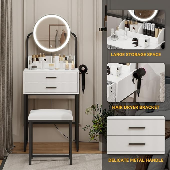 ARTETHYS Small Vanity Desk with Mirror and Lights Compact Makeup Vanity Set with Drawers for Bedroom Mini White Modern Dressing Table with Stool