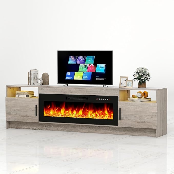 Ludatido 80 Inch TV Stand with 42 inch Electric Fireplace 27 LED Light Entertainment Center for TVs Up to 90" Black Modern Wood Media TV Console with Highlight Cabinet for Living Room Black