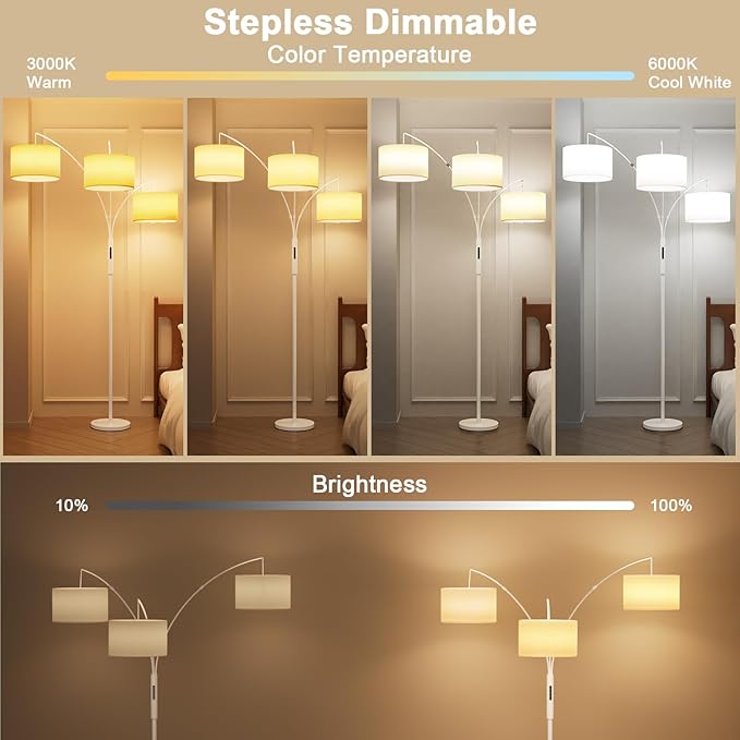 36W LED Arc Floor Lamp with 3 White Fabric Shades, 3001LM Super Bright Standing Lamp with Remote Control & Touch, Stepless Dimming, Individual Light Control for Living Room, Bedroom