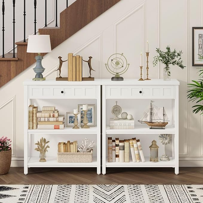 FATORRI Small Bookcase with Drawer, Wood and Metal Bookshelf for Small Space, Short Book Shelf and Low Book Case for Living Room (White Oak)