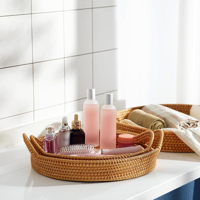 3 Pack Round Rattan Tray, Natural Handwoven Rattan Serving Tray with Mother Pearl Inlay Base, Decorative Boho Coffee Table Trays with Handles, Wicker Organizer for Snacks, Jewelry, Candles, Vanity