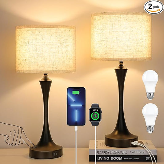 GGOYING 22” Set of 2 Touch Control Table Lamp with USB A+C Ports, 3-Level Dimmable Bedside Lamp with Fabric Lampshade, 3000K LED Bulbs, Nightstand Lamp for Bedroom Livingroom Office, Black