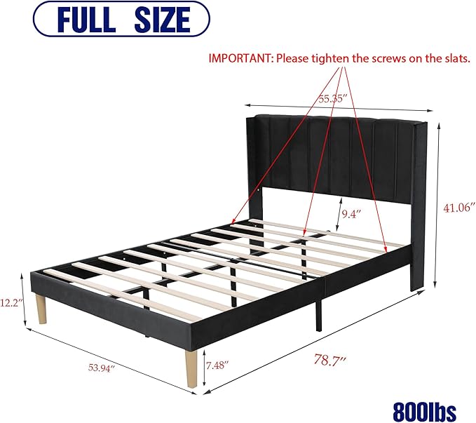 Upholstered Platform Full Size Bed Frame with Headboard Wooden Slats Support No Noise Easy Assembly Black Linen