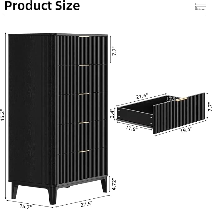 Fluted 5 Drawers Dresser for Bedroom, 45" Modern Tall Chest of Drawers with Wood Grain, Farmhouse Wooden Vertical Dresser, Curved Profile Design, Wood Drawer Organizer for Closet, Hallway Black