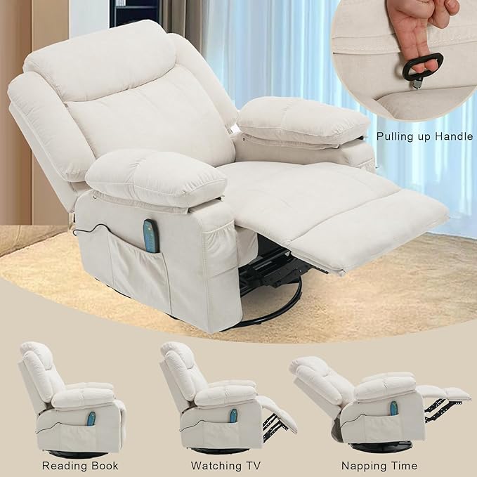 Massage Rocker Recliner Chair with Heat for Adult, Fabric Overstuffed Swivel Recliners Reclining Single Sofa Rocking Manual Home Theater Recliners Lounge Chairs for Living Room,Beige