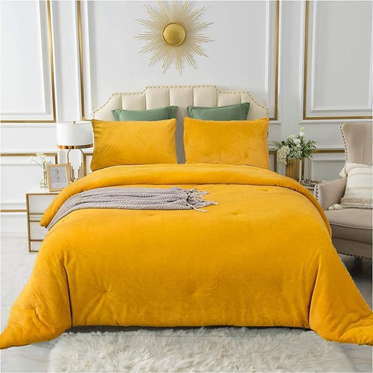 Cottonight Mustard Yellow Velvet Comforter Set Queen Plush Flannel Fluffy Yellow Bedding Comforter Set Micromink Sherpa Warm Heavyweight Winter Comforter for Women Men Adults Teens