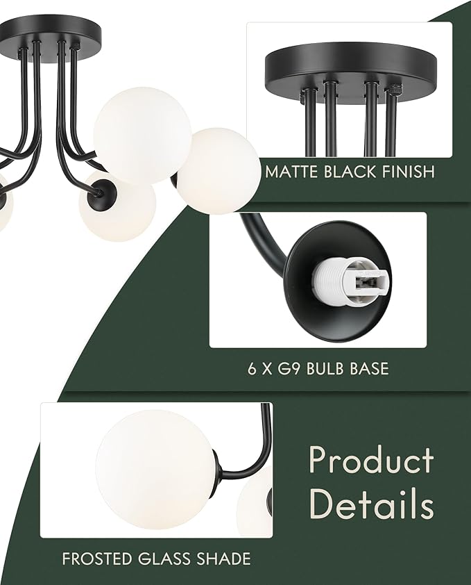 Matte Black Semi Flush Mount Ceiling Light in Modern Farmhouse Design Features 6 Frosted Glass Shades, Ideal for The Living Room, Bedroom, or Dining Room. Model:CKCL4845-6W-BK