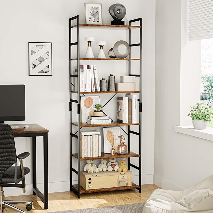 OTK 6 Tier Adjustable Bookshelf, Tall Bookcase, Office Shelf Storage Organizer, Modern Book Shelf for Living Room, Bedroom, and Home Office, Vintage