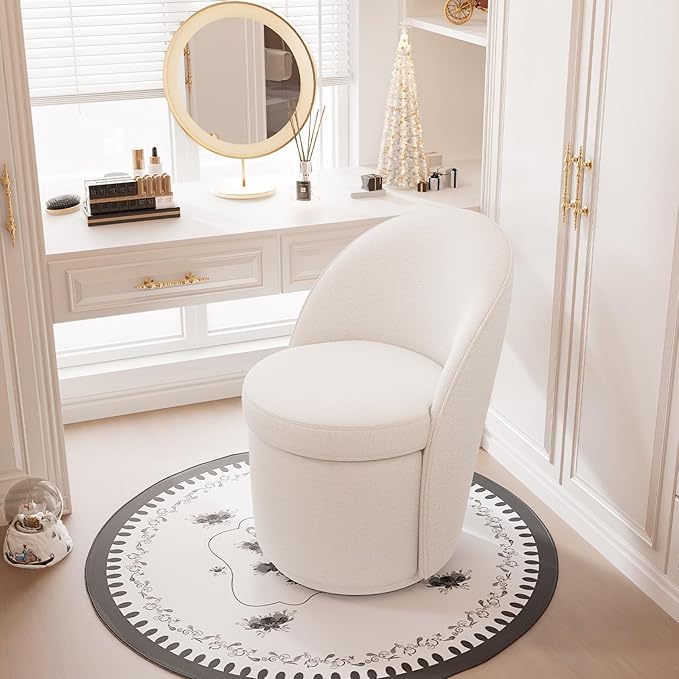 YOUNIKE Vanity Bench Boucle Fabric Beige Solid Wood Swivel Accent Chair with Backrest Easy Assembly Dressing Stool for Bedroom & Makeup Room