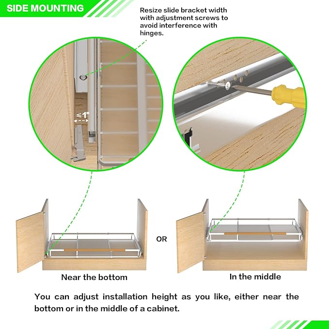 Expandable Pull Out Drawer Cabinet Organizers, Heavy Duty Slide Out Storage Shelf for Home Kitchen Pantry Cupboard Pots Pans, Adjustable Width from 12.1"~18.4", Stainless Steel 2 Pack