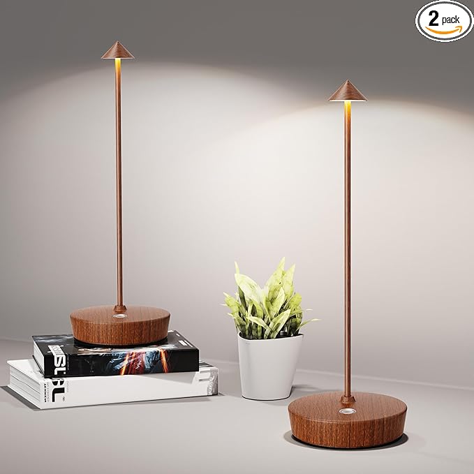 Cordless Table Lamps Rechargeable, 6000mAh Battery Operated LED Desk Lamp Outdoor Waterproof Portable Touch Dimmable Table Night Light for Patio Restaurant Dining Home Set of 2 Wood Grain