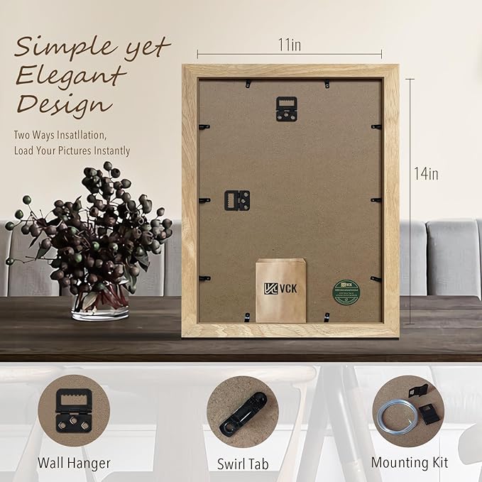 VCK 11x14 Natural Picture Frames 3 Pack, High-End Wood Wide Border Poster Frame, Multi-Directional Display Family Photos, Office Prints, Studio/Gallery/Home Artwork