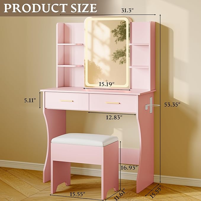 Pink Makeup Vanity Desk with Mirror and Lights, Small Vanity Table Set with Power Outlet, Dressing Table with 2 Drawer & 4 Storage Shelves, Adjustable RGB Lighting, Includes Chair for Girl’s Bedroom