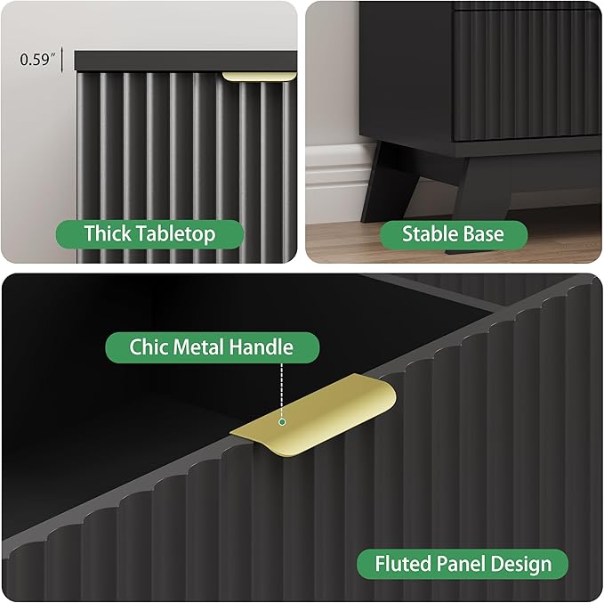 Fluted Dresser for Bedroom with 6 Drawers, 46" Tall Modern Chest of Drawers with Metal Handle, Wooden Dresser TV Stand, Wood Closet Clothes Storage Organizer for Living Room, Hallway, Black