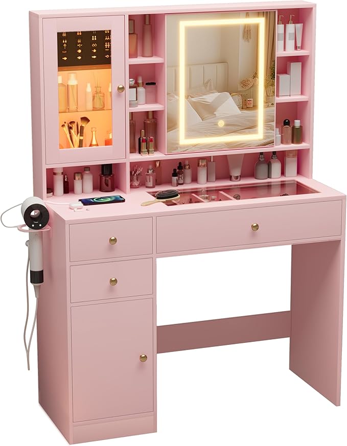 Makeup Vanity Desk with Mirror and Lights, Pink Vanity with Glass Top, Jewelry Storage, Power Outlets, 3 Drawers & 2 Cabinets, Adjustable LED Lighting, Dressing Table for Women & Girls Bedroom