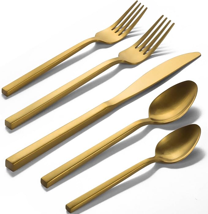 Alata Cube Gold 20-Piece Flatware Set, Forged Cutlery Set, Matte Gold Silverware Service for 4, Stainless Steel Tableware with Square Handle for Home/Restaurant, Dishwasher Safe