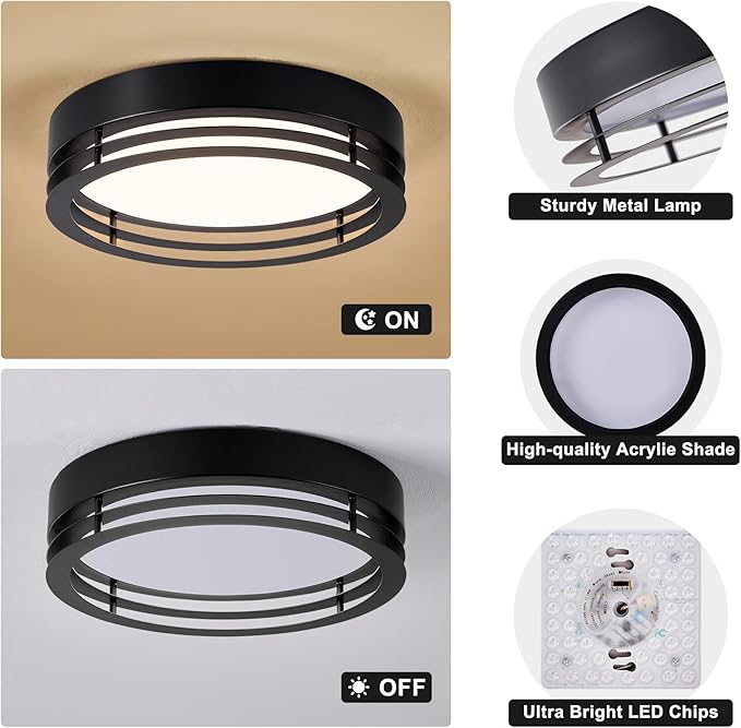 Dimmable Black Flush Mount Ceiling Light, Modern Round LED Ceiling Lights Fixture, Kitchen Flushmount Light for Bedroom Hallway Laundry Room 2700 K-6000 K 5CCT