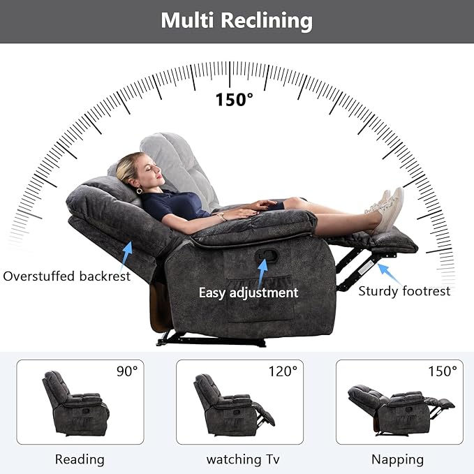 ANJHOME Overstuffed Massage Recliner Chairs with Heat and Vibration, Soft Fabric Single Manual Reclining Chair for Living Room Bedroom (Grey)
