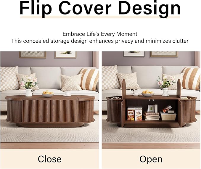 HSH Oval Coffee Table with Storage, 47” Modern Coffee Table with Press Type Door, Fluted Living Room Tables with 2 Flip-Top Hidden Lids, Wood Center Table for Living Room, Office,Walnut