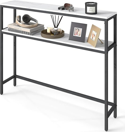 VASAGLE Console Table, 2-Tier Narrow Sofa Table with 2 Shelves, 7.9 x 39.4 x 31.5 Inches, for Living Room, Hallway, Entryway, Marble White and Ink Black ULNT131W59V1