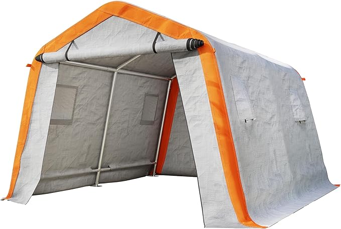 AMERLIFE 10.5x12x8 FT Heavy Duty Portable Shed Storage Shelter, Outdoor Storage Shed with 4 Waterproof Windows & Roll-up Zipper Door, Carport for Motorcycle, Bike, Gray