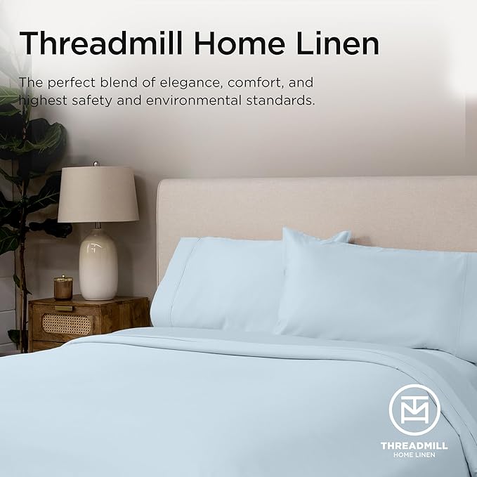 Threadmill Luxury Full Size Sheets for Full Size Mattress, 1000 Thread Count Supima Cotton Sheets for Full Mattress, 5-Star Hotel Quality 4 Piece Bed Sheets with Extra Deep Pocket, Light Blue