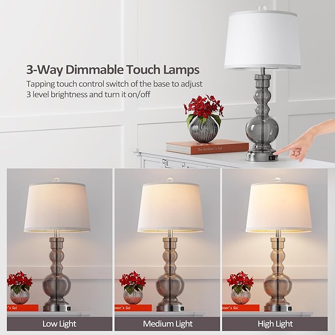 Hamucd 3-Way Dimmable Touch Control Clear Grey Glass Table Lamps Set of 2 with USB A+C for Modern Comtemporary Bedroom Nightstand Living Room Decor(Bulbs Included) (Grey)