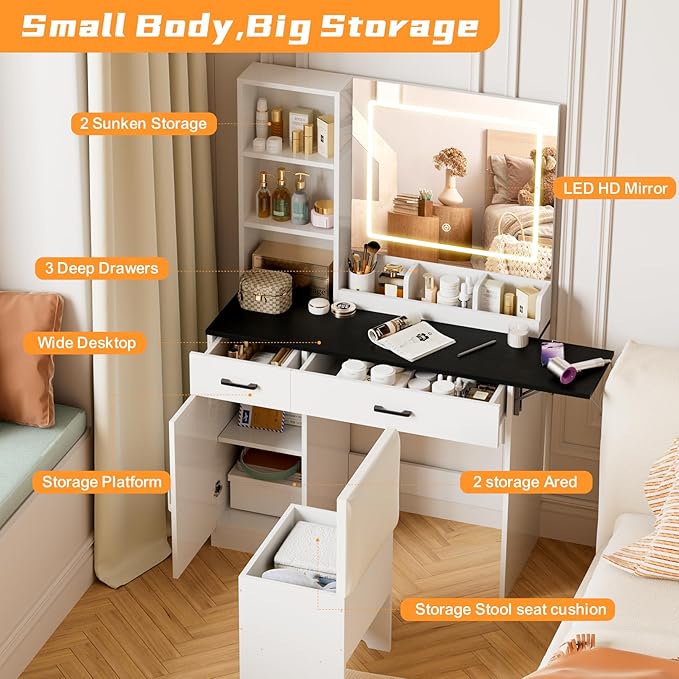 KAMABOKO Vanity Desk with Mirror and Lights, Large Makeup Table Set with 2 Drawers and Storage Stool, Girls Vanity with Fold-up Panel and Power Outlet for Bedroom