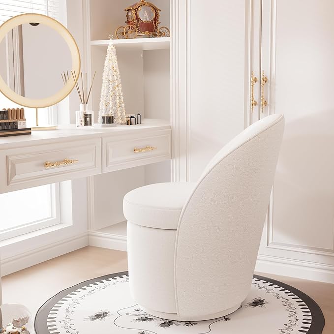 YOUNIKE Vanity Bench Boucle Fabric Beige Solid Wood Swivel Accent Chair with Backrest Easy Assembly Dressing Stool for Bedroom & Makeup Room