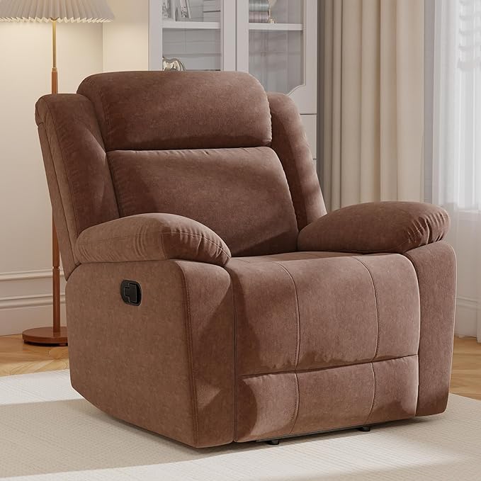 Bonzy Home Rocker Recliner Chair for Adults, Overstuffed Manual Rocking Recliner, Fabric Upholstered Single Sofa for Living Room, Brown