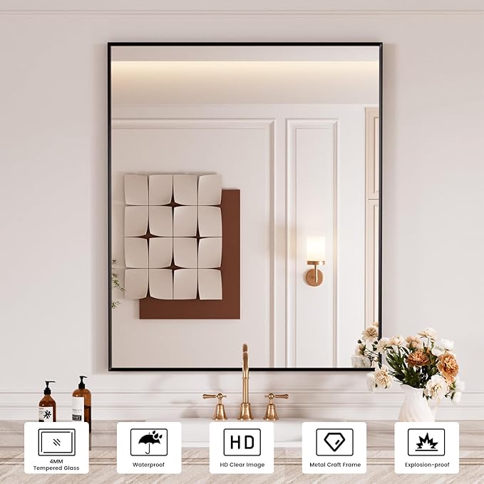 Black Bathroom Vanity Mirror 30x36 Inch, Rectangle Matte Black Bathroom Mirror, Square Corner, Tempered Glass, Bedroom, Living Room, Entryway, Wall Mounted(Vertical/Horizontal)