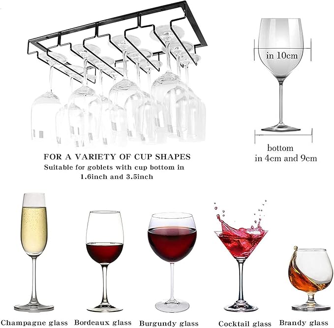 Wine Cup Holder Table Decoration Storage Hanger Metal Organizer for Bar Kitchen Stemware Rack Under Cabinet Stainless Steel Hanger Storage Shelf Black (Black, 4 Rows 1 Pack)