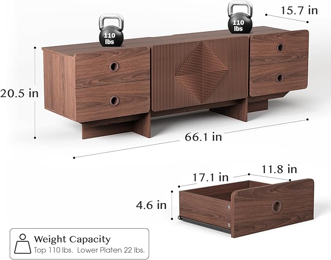 66" Fluted TV Stands for Living Room, Mid Century Modern TV Consoles for 75 inch TV, Entertainment Center with Storage, Media Console with Adjustment Shelf(Walnut)