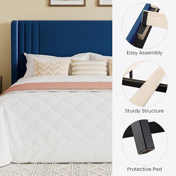 SHA CERLIN Queen Size Velvet Upholstered Platform Bed Frame with Vertical Channel Tufted Wingback Headboard, Wooden Slats Support, Easy Assembly, Under Bed Storage, No Box Spring Required, Blue