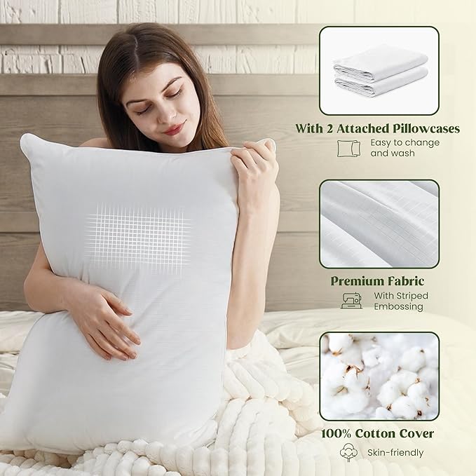 puredown® Goose Feather Down Pillows, Bed Pillows for Sleeping with 2 Outer Protectors, Hotel King Pillows Set of 2 (Pack of 2)