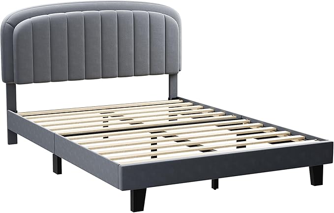 Cozy Castle Full Size Bed Frame, Upholstered Platform Bed with Velvet Adjustable Curved Headboard, Mattress Foundation with Strong Wooden Slats, No Box Spring Needed, Easy Assembly, Gray