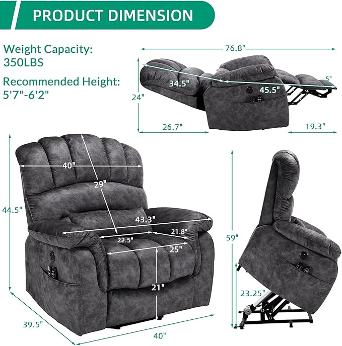 VIVIJASON Tall Man Large Dual Motor Power Lift Recliner Chair with Extended Footrest, Overstuffed Lay Flat Sleeper Electric Recliner W/Heat & Massage, Lumbar Pillow, USB & Type-C Ports, Plush Gray