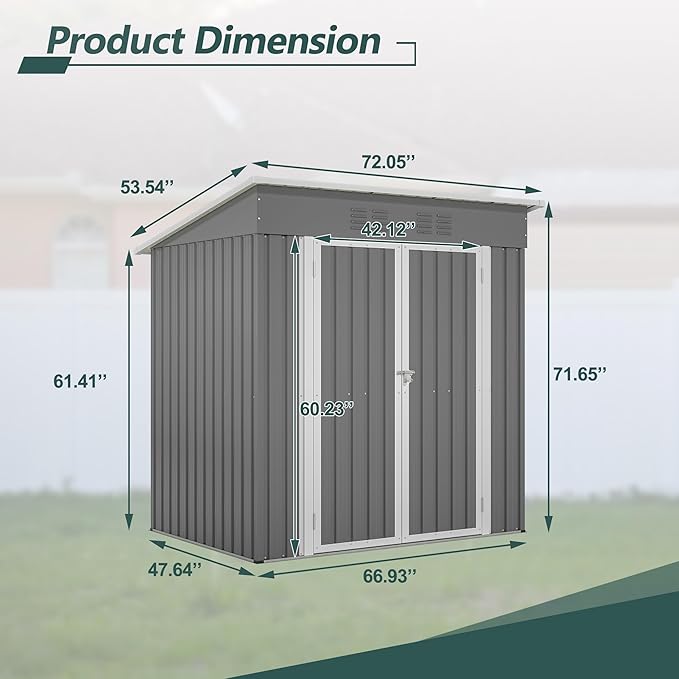 6 x 4 FT Outdoor Storage Metal Shed, Bike Garden Tool Shed with Slooping Roof, Lockable Doors and Aluminum Frames, Shed Easy to Assemble for Garden, Patio, Lawn, Grey