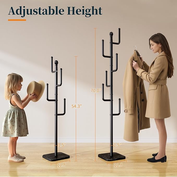 Yoobure Coat Rack Freestanding with Natural Marble Base - Cactus Coat Tree with 6 L-shaped Hooks, Heavy Duty Coat Hanger Stand, Metal Coat Rack Stand for Entryway, Hall Tree for Jacket/Hat/Clothes/Bag