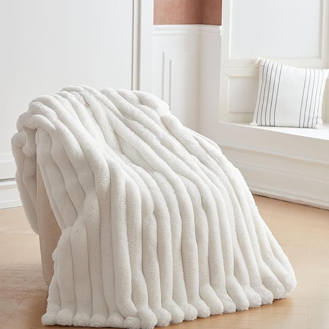 Faux Fur Throw Blanket for Couch, Cozy Warm Plush Striped Blanket for Sofa Bedroom Living Room, 50x60 Inches Cream White